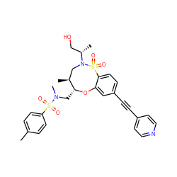 Cc1ccc(S(=O)(=O)N(C)C[C@H]2Oc3cc(C#Cc4ccncc4)ccc3S(=O)(=O)N([C@@H](C)CO)C[C@@H]2C)cc1 ZINC000095603064