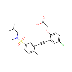 Cc1ccc(S(=O)(=O)N(C)CC(C)C)cc1C#Cc1cc(Cl)ccc1OCC(=O)O ZINC000073169628