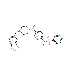 Cc1ccc(S(=O)(=O)N(C)c2ccc(C(=O)N3CCN(Cc4ccc5c(c4)OCO5)CC3)cc2)cc1 ZINC000019921028