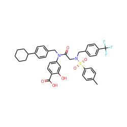 Cc1ccc(S(=O)(=O)N(CC(=O)N(Cc2ccc(C3CCCCC3)cc2)c2ccc(C(=O)O)c(O)c2)Cc2ccc(C(F)(F)F)cc2)cc1 ZINC000096284689