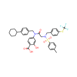 Cc1ccc(S(=O)(=O)N(CC(=O)N(Cc2ccc(C3CCCCC3)cc2)c2ccc(C(=O)O)c(O)c2)Cc2ccc(SC(F)(F)F)cc2)cc1 ZINC000096284653