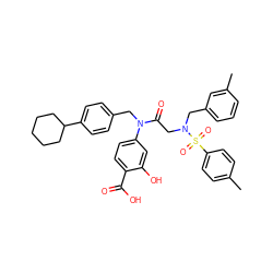 Cc1ccc(S(=O)(=O)N(CC(=O)N(Cc2ccc(C3CCCCC3)cc2)c2ccc(C(=O)O)c(O)c2)Cc2cccc(C)c2)cc1 ZINC000096284691