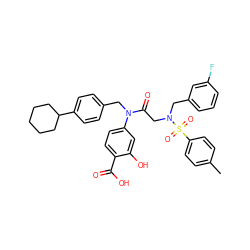 Cc1ccc(S(=O)(=O)N(CC(=O)N(Cc2ccc(C3CCCCC3)cc2)c2ccc(C(=O)O)c(O)c2)Cc2cccc(F)c2)cc1 ZINC000096284687