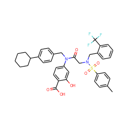 Cc1ccc(S(=O)(=O)N(CC(=O)N(Cc2ccc(C3CCCCC3)cc2)c2ccc(C(=O)O)c(O)c2)Cc2ccccc2C(F)(F)F)cc1 ZINC000096284683