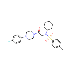 Cc1ccc(S(=O)(=O)N(CC(=O)N2CCN(c3ccc(F)cc3)CC2)C2CCCCC2)cc1 ZINC000008673033