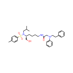 Cc1ccc(S(=O)(=O)N(CC(C)C)[C@H](CO)CCCCNC(=O)CN(CCc2ccccc2)c2ccccc2)cc1 ZINC000014946720