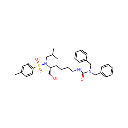 Cc1ccc(S(=O)(=O)N(CC(C)C)[C@H](CO)CCCCNC(=O)N(Cc2ccccc2)Cc2ccccc2)cc1 ZINC000014946744