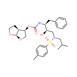 Cc1ccc(S(=O)(=O)N(CC(C)C)C[C@@H](O)[C@H](Cc2ccccc2)NC(=O)O[C@H]2CO[C@H]3OCC[C@@H]23)cc1 ZINC000014946404