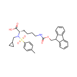 Cc1ccc(S(=O)(=O)N(CC2CC2)[C@@H](CCCCNC(=O)OCC2c3ccccc3-c3ccccc32)C(=O)O)cc1 ZINC000005494047