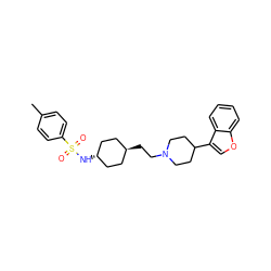 Cc1ccc(S(=O)(=O)N[C@H]2CC[C@H](CCN3CCC(c4coc5ccccc45)CC3)CC2)cc1 ZINC000261094975