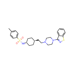 Cc1ccc(S(=O)(=O)N[C@H]2CC[C@H](CCN3CCN(c4nsc5ccccc45)CC3)CC2)cc1 ZINC001772592707