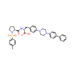 Cc1ccc(S(=O)(=O)N2CCC[C@H]2C(=O)N[C@@H](Cc2ccc(N3CCN(c4ccc(-c5ccccc5)cc4)CC3)cc2)C(=O)O)cc1 ZINC000028978639