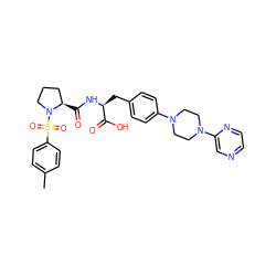 Cc1ccc(S(=O)(=O)N2CCC[C@H]2C(=O)N[C@@H](Cc2ccc(N3CCN(c4cnccn4)CC3)cc2)C(=O)O)cc1 ZINC000028978659