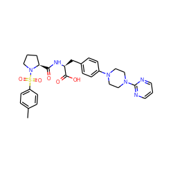 Cc1ccc(S(=O)(=O)N2CCC[C@H]2C(=O)N[C@@H](Cc2ccc(N3CCN(c4ncccn4)CC3)cc2)C(=O)O)cc1 ZINC000028978656