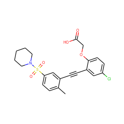 Cc1ccc(S(=O)(=O)N2CCCCC2)cc1C#Cc1cc(Cl)ccc1OCC(=O)O ZINC000073169631