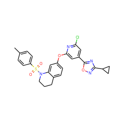 Cc1ccc(S(=O)(=O)N2CCCc3ccc(Oc4cc(-c5nc(C6CC6)no5)cc(Cl)n4)cc32)cc1 ZINC000103264582