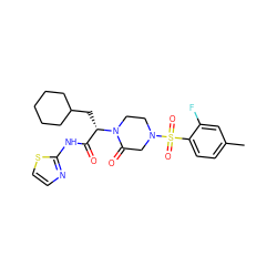 Cc1ccc(S(=O)(=O)N2CCN([C@@H](CC3CCCCC3)C(=O)Nc3nccs3)C(=O)C2)c(F)c1 ZINC000095605263