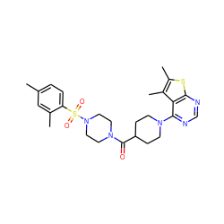 Cc1ccc(S(=O)(=O)N2CCN(C(=O)C3CCN(c4ncnc5sc(C)c(C)c45)CC3)CC2)c(C)c1 ZINC000032727257