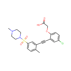 Cc1ccc(S(=O)(=O)N2CCN(C)CC2)cc1C#Cc1cc(Cl)ccc1OCC(=O)O ZINC000073161424