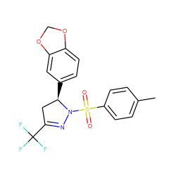 Cc1ccc(S(=O)(=O)N2N=C(C(F)(F)F)C[C@H]2c2ccc3c(c2)OCO3)cc1 ZINC000299834620