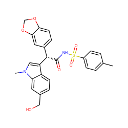 Cc1ccc(S(=O)(=O)NC(=O)[C@@H](c2ccc3c(c2)OCO3)c2cn(C)c3cc(CO)ccc23)cc1 ZINC000103296387