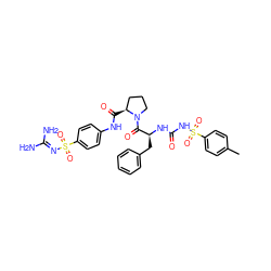Cc1ccc(S(=O)(=O)NC(=O)N[C@@H](Cc2ccccc2)C(=O)N2CCC[C@@H]2C(=O)Nc2ccc(S(=O)(=O)N=C(N)N)cc2)cc1 ZINC000029478396