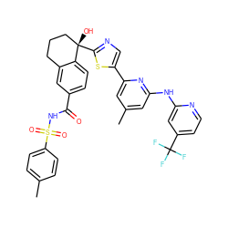 Cc1ccc(S(=O)(=O)NC(=O)c2ccc3c(c2)CCC[C@]3(O)c2ncc(-c3cc(C)cc(Nc4cc(C(F)(F)F)ccn4)n3)s2)cc1 ZINC000169704405