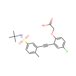 Cc1ccc(S(=O)(=O)NC(C)(C)C)cc1C#Cc1cc(Cl)ccc1OCC(=O)O ZINC000073195782