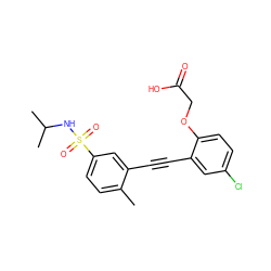 Cc1ccc(S(=O)(=O)NC(C)C)cc1C#Cc1cc(Cl)ccc1OCC(=O)O ZINC000073195938