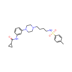 Cc1ccc(S(=O)(=O)NCCCCN2CCN(c3cccc(NC(=O)C4CC4)c3)CC2)cc1 ZINC000013703840