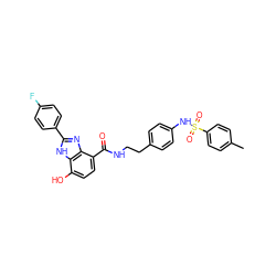 Cc1ccc(S(=O)(=O)Nc2ccc(CCNC(=O)c3ccc(O)c4[nH]c(-c5ccc(F)cc5)nc34)cc2)cc1 ZINC000073280101