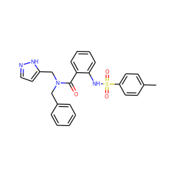 Cc1ccc(S(=O)(=O)Nc2ccccc2C(=O)N(Cc2ccccc2)Cc2ccn[nH]2)cc1 ZINC000003944351