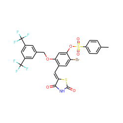 Cc1ccc(S(=O)(=O)Oc2cc(OCc3cc(C(F)(F)F)cc(C(F)(F)F)c3)c(/C=C3\SC(=O)NC3=O)cc2Br)cc1 ZINC000072110045