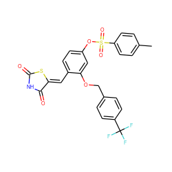 Cc1ccc(S(=O)(=O)Oc2ccc(/C=C3\SC(=O)NC3=O)c(OCc3ccc(C(F)(F)F)cc3)c2)cc1 ZINC000072110403