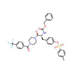 Cc1ccc(S(=O)(=O)Oc2ccc(C[C@H](NC(=O)OCc3ccccc3)C(=O)N3CCN(C(=O)c4ccc(C(F)(F)F)cc4)CC3)cc2)cc1 ZINC000028979115