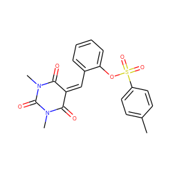 Cc1ccc(S(=O)(=O)Oc2ccccc2C=C2C(=O)N(C)C(=O)N(C)C2=O)cc1 ZINC000002947669