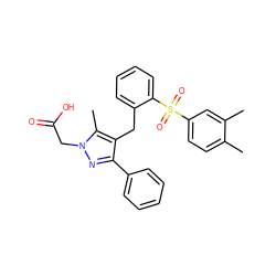 Cc1ccc(S(=O)(=O)c2ccccc2Cc2c(-c3ccccc3)nn(CC(=O)O)c2C)cc1C ZINC000103237969