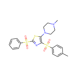 Cc1ccc(S(=O)(=O)c2nc(S(=O)(=O)c3ccccc3)sc2N2CCN(C)CC2)cc1 ZINC000009203199