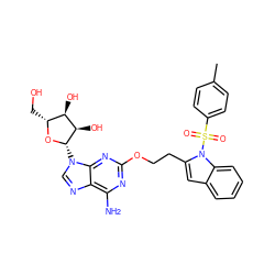 Cc1ccc(S(=O)(=O)n2c(CCOc3nc(N)c4ncn([C@@H]5O[C@H](CO)[C@@H](O)[C@H]5O)c4n3)cc3ccccc32)cc1 ZINC000028634742