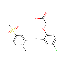 Cc1ccc(S(C)(=O)=O)cc1C#Cc1cc(Cl)ccc1OCC(=O)O ZINC000073169466