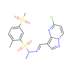 Cc1ccc(S(C)(=O)=O)cc1S(=O)(=O)N(C)/N=C/c1cnn2ccc(Cl)nc12 ZINC000473113772