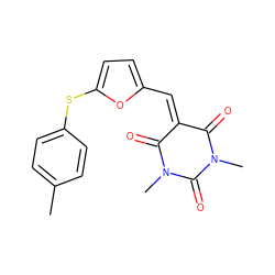 Cc1ccc(Sc2ccc(C=C3C(=O)N(C)C(=O)N(C)C3=O)o2)cc1 ZINC000001201247