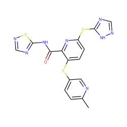 Cc1ccc(Sc2ccc(Sc3ncn[nH]3)nc2C(=O)Nc2ncns2)cn1 ZINC000038654658