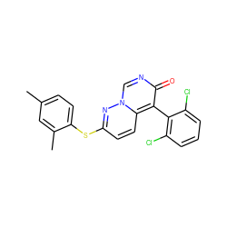 Cc1ccc(Sc2ccc3c(-c4c(Cl)cccc4Cl)c(=O)ncn3n2)c(C)c1 ZINC000013864348