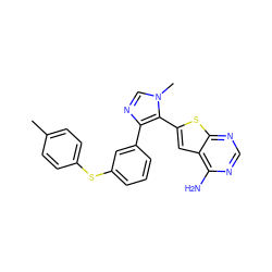 Cc1ccc(Sc2cccc(-c3ncn(C)c3-c3cc4c(N)ncnc4s3)c2)cc1 ZINC000049021075