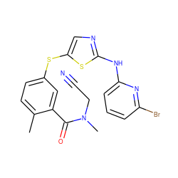 Cc1ccc(Sc2cnc(Nc3cccc(Br)n3)s2)cc1C(=O)N(C)CC#N ZINC000029038332