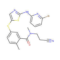 Cc1ccc(Sc2cnc(Nc3cccc(Br)n3)s2)cc1C(=O)N(C)CCC#N ZINC000029038335