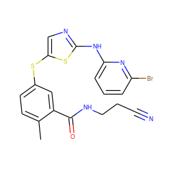 Cc1ccc(Sc2cnc(Nc3cccc(Br)n3)s2)cc1C(=O)NCCC#N ZINC000029038334