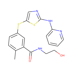 Cc1ccc(Sc2cnc(Nc3ccccn3)s2)cc1C(=O)NCCO ZINC000029038325