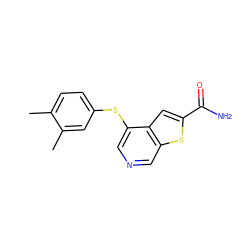 Cc1ccc(Sc2cncc3sc(C(N)=O)cc23)cc1C ZINC000013862345